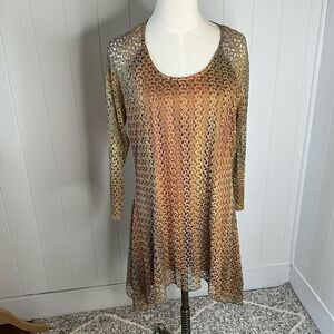 Indigo Soul Womens Medium Lace Tunic Top Gold Shimmer Long Sleeves Scoop Neck